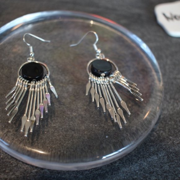 New Black Round Metal Tassel Drop Earrings jewelry - Picture 7 of 8